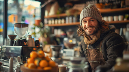 Handsome barista behind the counter in the coffee shop - obrazy, fototapety, plakaty