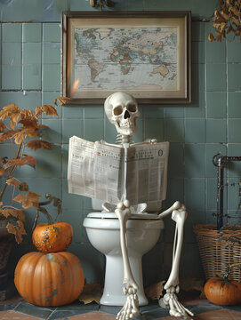 Naklejki A skeleton is sitting on a wooden toilet reading a newspaper by a window. A pumpkin plant grows outside, showcasing natural foods like calabaza