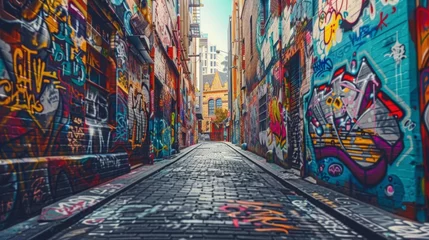 Foto op Canvas Graffiticovered alleyways wind through the urban jungle the colorful artwork a nod to the citys vibrant past. © Justlight