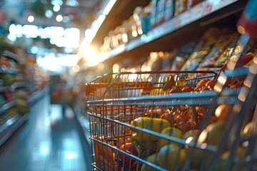 basket on wheels for buying groceries and goods in the supermarket. product marketing. commodity and consumer industry - obrazy, fototapety, plakaty