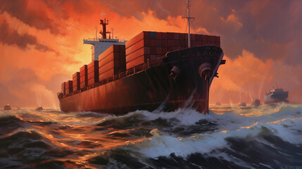 sunset over the sea and ship cargo - obrazy, fototapety, plakaty