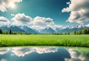 Panoramic natural landscape with green grass field, blue sky with clouds and and mountains in...