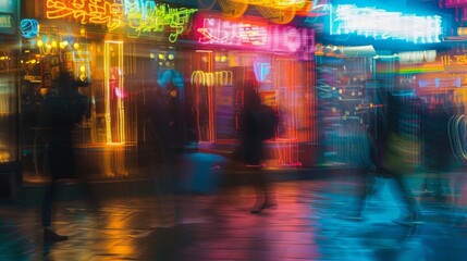 A blurred photograph capturing the hustle and bustle of people walking past a row of colorful storefronts each adorned with blinking neon adver.