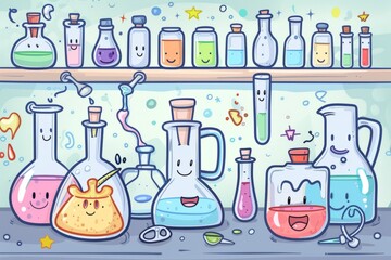 Cartoon cute doodles of smiling test tubes, beakers, and flasks, creating a cheerful laboratory scene, Generative AI