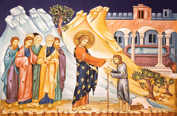 MILAN, ITALY - MARCH 6, 2024: The iocn  Jesus healing the blind in the church Chiesa dei Santi Nereo e Achilleo by Iulian Rosu. - 767566934
