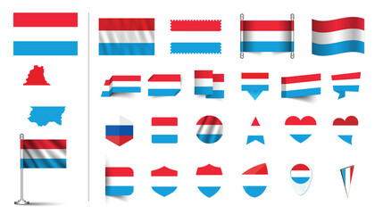 set of Luxembourg flag, flat Icon set vector illustration. collection of national symbols on various objects and state signs. flag button, waving, 3d rendering symbols, and flag on map symbols