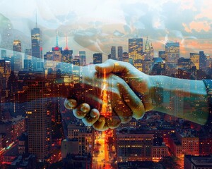 A conceptual image of a handshake superimposed over a cityscape, representing business partnerships and deals, - obrazy, fototapety, plakaty