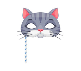 Cat animal carnival party mask. Festival or birthday costume accessory designed to resemble a cute kitten pet face, featuring eye holes, pink nose and whiskers, perfect for themed parties or events