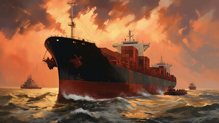 ship in the sea - obrazy, fototapety, plakaty