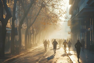 Early Morning Haze: Joggers' Persistent Rhythm on Silent Streets - obrazy, fototapety, plakaty