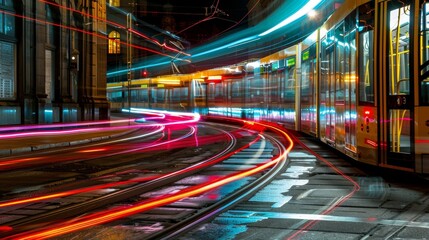 A long exposure shot of the urban transportation network with colorful streaks of light representing the constantly moving buses and trams traversing through the night.