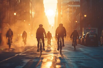 Dawn Embrace: Cyclists Find Freedom Pedaling through Cityscapes at Dawn - obrazy, fototapety, plakaty