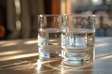 Essential Simplicity - Water Glasses Catching the Light in a Still Life Setting - obrazy, fototapety, plakaty