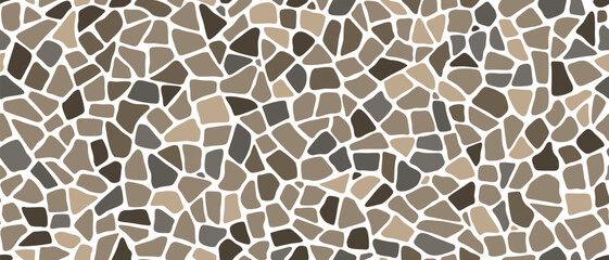 Mosaic pebble stone ground pattern. Vector tile background with arranged small, rounded rocks, creating captivating, textured cobblestone or rubble rocks covered surface with natural colors and shapes - obrazy, fototapety, plakaty