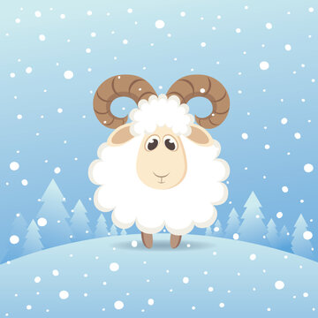 Cute sheep standing in a winter forest. Vector illustration