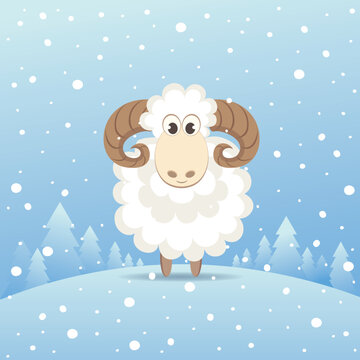 Cute sheep standing in a winter forest. Vector illustration