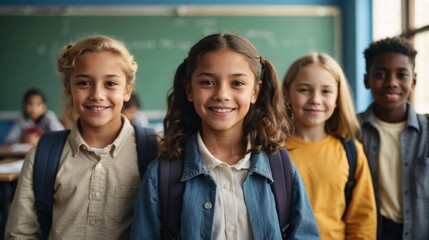 Portrait of cheerful smiling diverse schoolchildren standing posing in classroom looking at camera happy after school reopens. Diversity back to school concept - obrazy, fototapety, plakaty