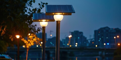 Solar street lamp, each street lamp is installed with two solar panels, night scene