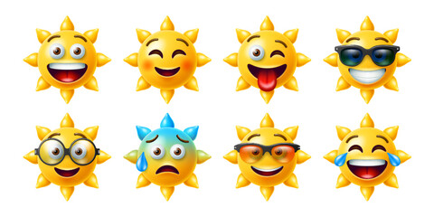3d sun emoji, cool and cute yellow sunny characters expressing emotions. Vector set of sun summer personages wearing shades, sunglasses and spectacles. Laughing, shy, teasing and scared emoticons - 767567577