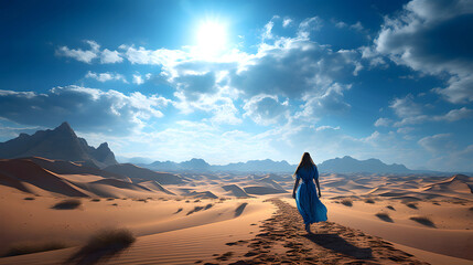 lonely woman in a blue dress walks along the sands of the desert dunes towards the sun. human life path concept - obrazy, fototapety, plakaty
