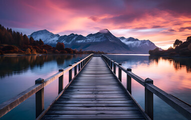 Wooden pier on the lake at sunset against the backdrop of the mountains. place for fishing and relaxation - obrazy, fototapety, plakaty