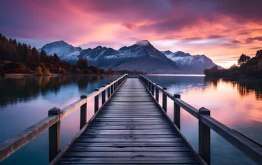 Foto op Aluminium Wooden pier on the lake at sunset against the backdrop of the mountains. place for fishing and relaxation © photosaint