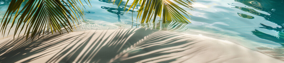 
Tropical leaf shadows on the water surface and palm leaves on the white sand beach create a beautiful abstract summer vacation backdrop. Enhanced with blue translucent ice cubes. Presentation, makeup