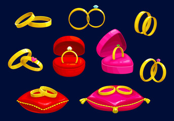 Cartoon wedding rings set of vector jewelry. Engagement and wedding gold rings with diamonds, jewellery in gift boxes and display pillows. Isolated engagement or marriage anniversary golden jewels
