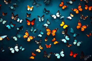 many colored butterflies on a blue background. insects. Flora and fauna