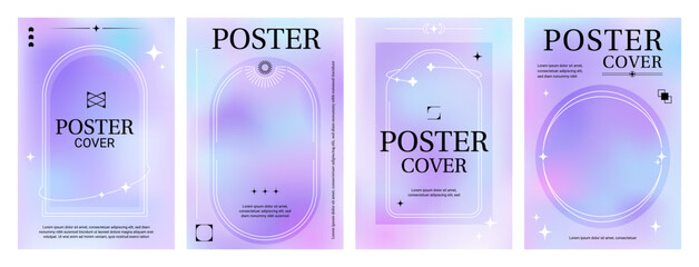 Purple gradient y2k poster backgrounds with line and star magic frames, vector cover templates. Hologram pastel color gradient with Y2K aesthetic line elements on abstract neon purple pink background