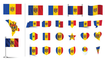 set of Moldova flag, flat Icon set vector illustration. collection of national symbols on various objects and state signs. flag button, waving, 3d rendering symbols, and flag on map symbols