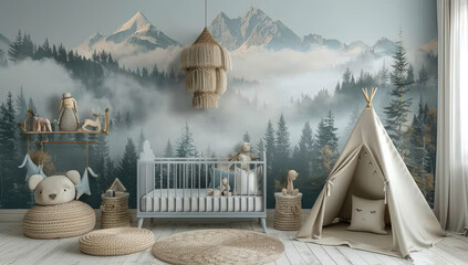 Interior of a living room with 3d wallpaper, camp and baby bed. Created with Ai - obrazy, fototapety, plakaty