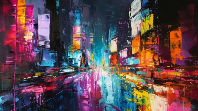 An abstract painting depicting the city at night with bold strokes of color representing the neon lights and bright flashes of traffic. The painting exudes the energy and