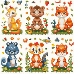 Obraz premium Charming seamless pattern of pixelated animals with vibrant autumn leaves, perfect for gaming or retro themed designs.