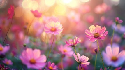 Vibrant Cosmos Flower in Field - Toned Instagram Filtered Nature Background - obrazy, fototapety, plakaty