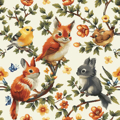 Charming seamless pattern of pixelated animals with vibrant autumn leaves, perfect for gaming or retro themed designs.