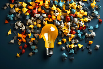 electric lamp on a background of colored crumpled pieces of paper. concept of defining and implementing an idea and business