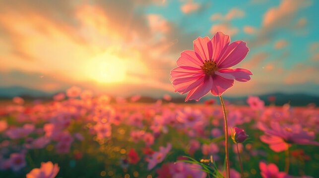 Vibrant Cosmos Flower in Field - Toned Instagram Filtered Nature Background