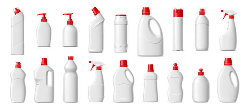 Realistic cleanser, liquid soap bottle and detergent container package mockup, vector household cleaning products. 3d blank white plastic containers of laundry detergent, bleach and toilet cleaner gel