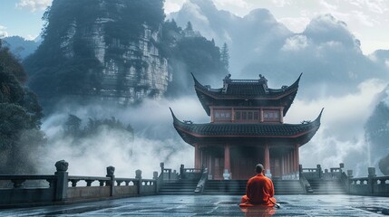 A monk meditating in front of a chinese temple