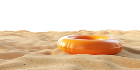 Foto auf Leinwand Orange swimming ring on the sandy beach isolated on white background © Aleksandr Bryliaev