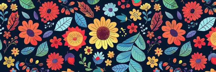 Meubelstickers cute cartoon flowers and leaves pattern, generative AI © VALUEINVESTOR