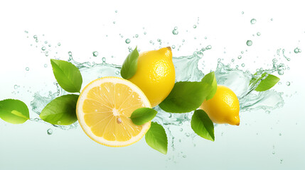 lemon and lime, Lemon mint and water splash on white background
