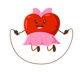 Cartoon girl heart character jumping with rope. Isolated vector cute Valentines day personage in pink dress radiating joy, leaps energetically as she swings a jump rope, symbolizing love and happiness