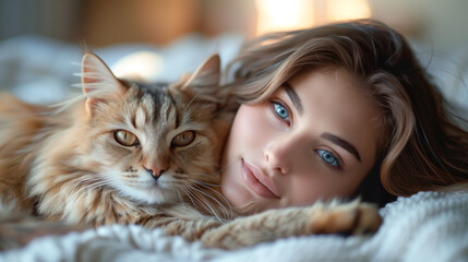 A heartwarming scene of a young beautiful woman with a serene smile sharing a moment with her fluffy white cat on a soft bed bathed in gentle light.