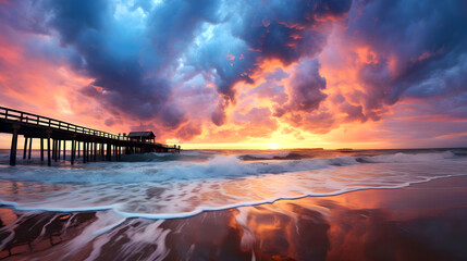Wooden pier on the sea against the backdrop of dramatic colored clouds. place for fishing and relaxation