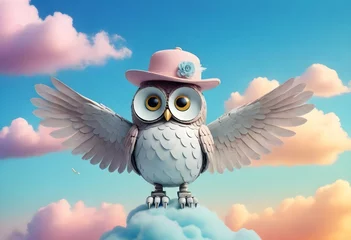 Rolgordijnen A whimsical setting of the robotic owl perched on a cloud, wearing a feathery, cloud-like hat and fluffy boots, against a pastel-colored, dreamlike sky. © M