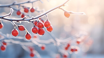 Frost-covered red rowan berries on a tree during a snowfall, Snow Covered Red Fruits On The Bush Background

 - obrazy, fototapety, plakaty
