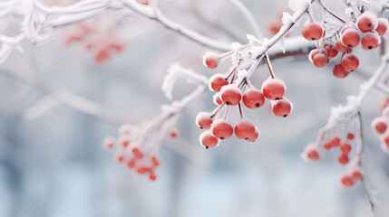  Red Berries grow in the Winter , Red bunches of viburnum in the snow
