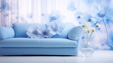 Beautiful winter landscape with a blue sofa in the living room 3d rendering
